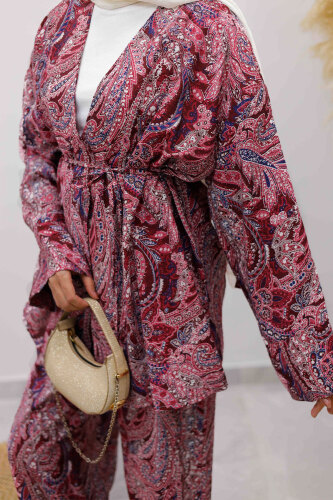 Beli İp Bağlamalı Kimono Takım TSD250265 Bordo - 5