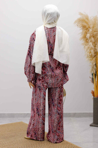 Beli İp Bağlamalı Kimono Takım TSD250265 Bordo - 6