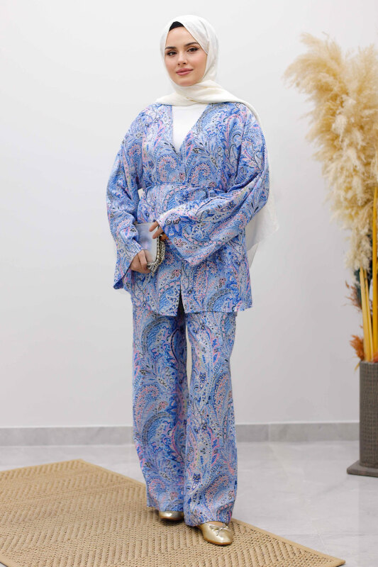 Beli İp Bağlamalı Kimono Takım TSD250265 Mavi - Tesettür Dünyası