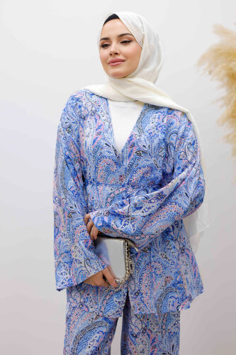 Beli İp Bağlamalı Kimono Takım TSD250265 Mavi - 2