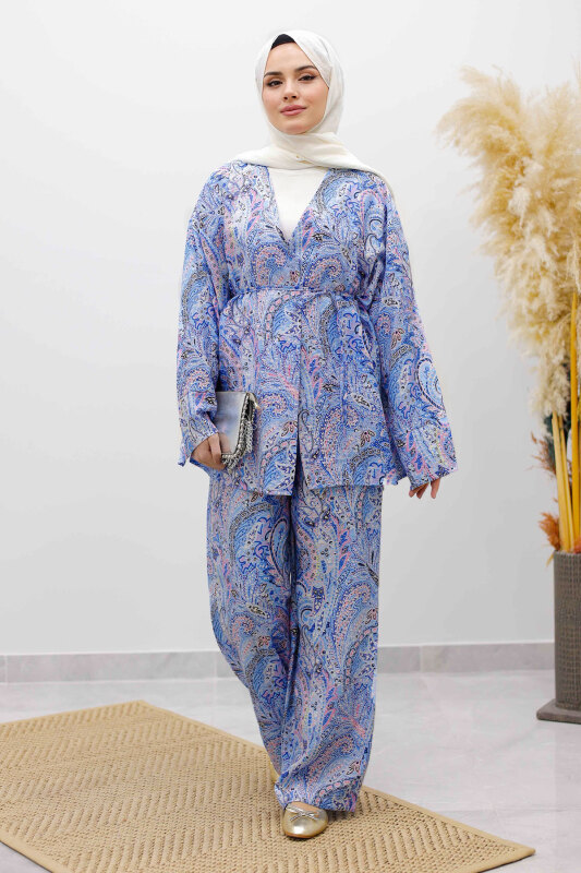 Beli İp Bağlamalı Kimono Takım TSD250265 Mavi - 3
