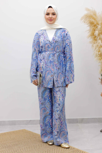 Beli İp Bağlamalı Kimono Takım TSD250265 Mavi - 4