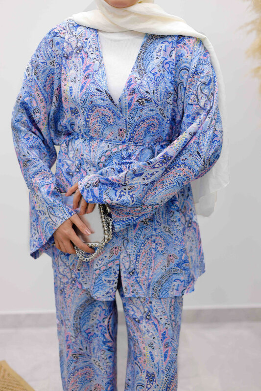 Beli İp Bağlamalı Kimono Takım TSD250265 Mavi - 5