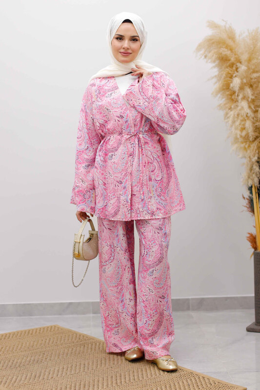 Beli İp Bağlamalı Kimono Takım TSD250265 Pembe - Tesettür Dünyası