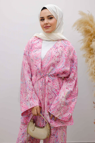 Beli İp Bağlamalı Kimono Takım TSD250265 Pembe - 2