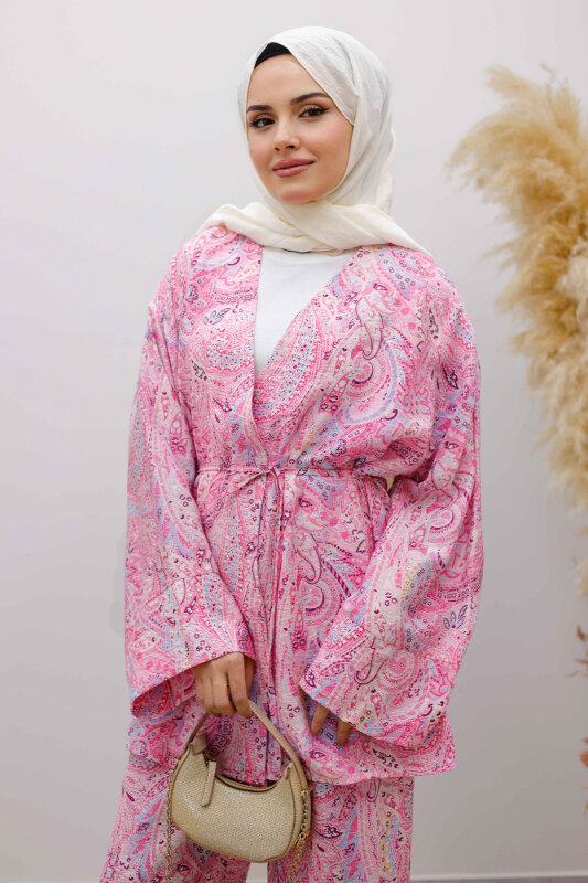 Beli İp Bağlamalı Kimono Takım TSD250265 Pembe - Tesettür Dünyası (1)