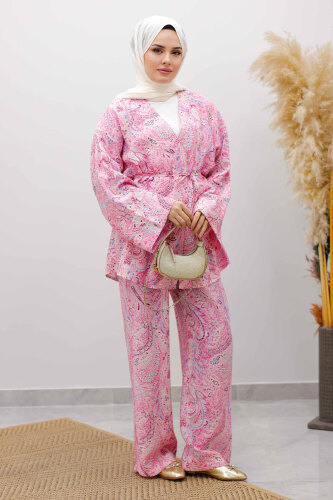 Beli İp Bağlamalı Kimono Takım TSD250265 Pembe - 3