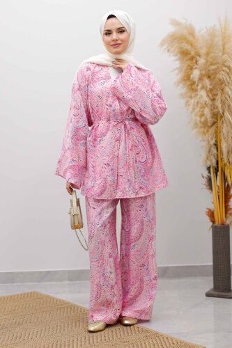 Beli İp Bağlamalı Kimono Takım TSD250265 Pembe - 4
