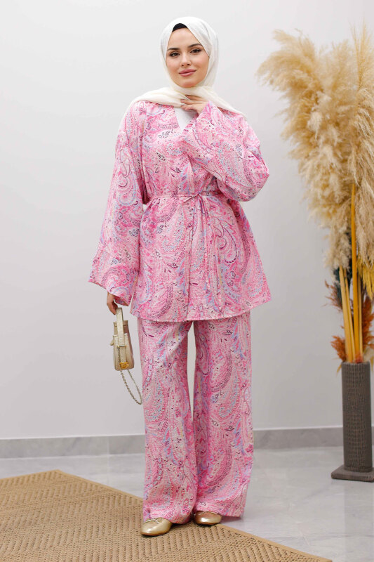 Beli İp Bağlamalı Kimono Takım TSD250265 Pembe - 4