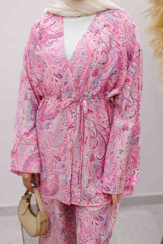 Beli İp Bağlamalı Kimono Takım TSD250265 Pembe - 5