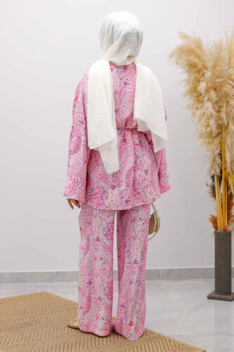 Beli İp Bağlamalı Kimono Takım TSD250265 Pembe - 6