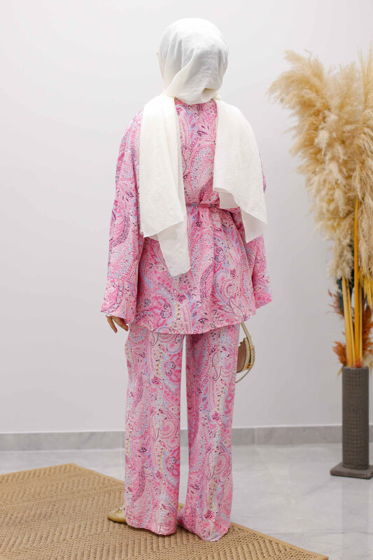 Beli İp Bağlamalı Kimono Takım TSD250265 Pembe - 6