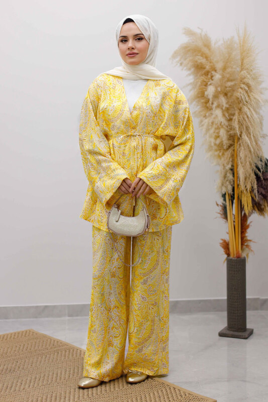 Beli İp Bağlamalı Kimono Takım TSD250265 Sarı - Tesettür Dünyası
