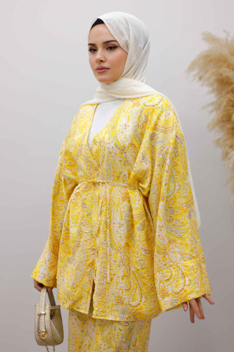 Beli İp Bağlamalı Kimono Takım TSD250265 Sarı - 2