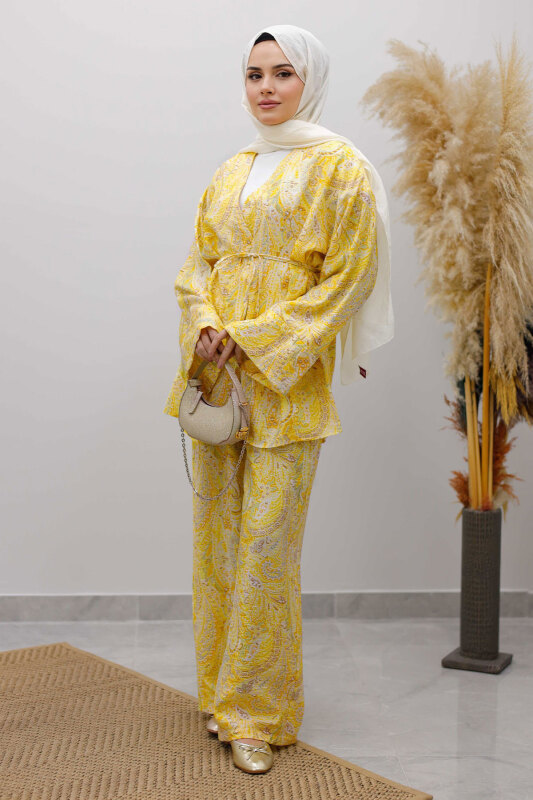 Beli İp Bağlamalı Kimono Takım TSD250265 Sarı - 4