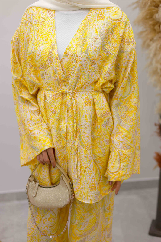 Beli İp Bağlamalı Kimono Takım TSD250265 Sarı - 5