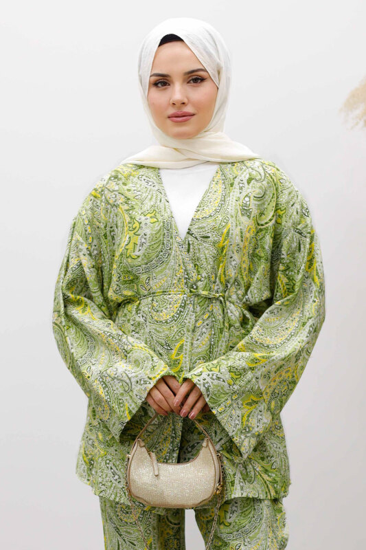 Beli İp Bağlamalı Kimono Takım TSD250265 Yeşil - Tesettür Dünyası (1)