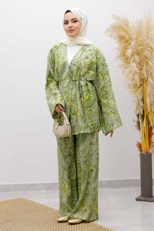Beli İp Bağlamalı Kimono Takım TSD250265 Yeşil - 3