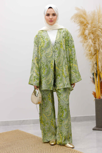 Beli İp Bağlamalı Kimono Takım TSD250265 Yeşil - 4
