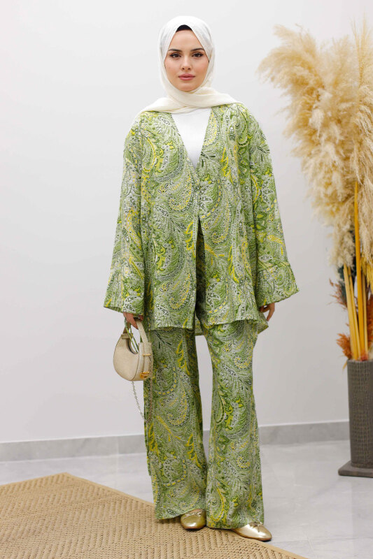 Beli İp Bağlamalı Kimono Takım TSD250265 Yeşil - 4