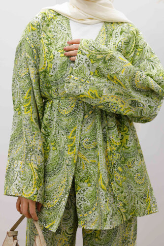 Beli İp Bağlamalı Kimono Takım TSD250265 Yeşil - 5