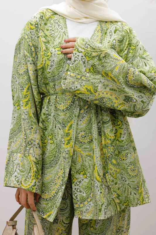 Beli İp Bağlamalı Kimono Takım TSD250265 Yeşil - 5