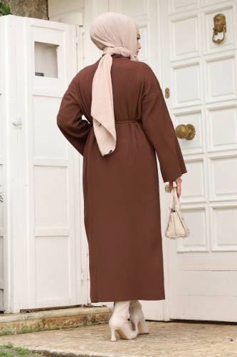 Beli İp Bağlamalı Triko Elbise TSD240213 Kahverengi - 5