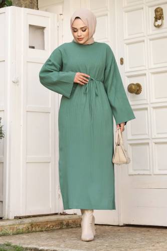 Beli İp Bağlamalı Triko Elbise TSD240213 Mint Yeşili 