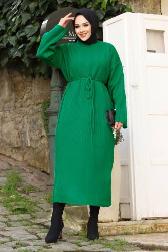 Beli İp Bağlamalı Triko Elbise TSD240213 Zümrüt Yeşili 