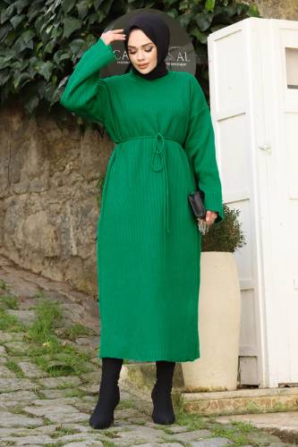 Beli İp Bağlamalı Triko Elbise TSD240213 Zümrüt Yeşili - 3