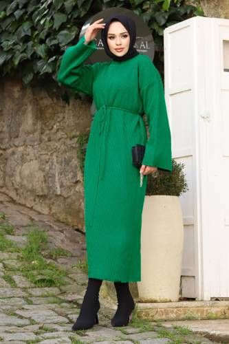 Beli İp Bağlamalı Triko Elbise TSD240213 Zümrüt Yeşili - 4
