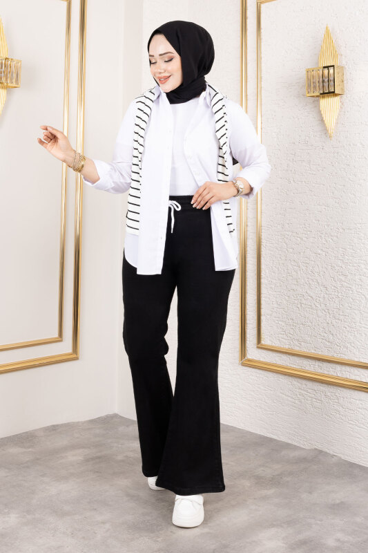 Beli İpli İspanyol Paça Kot Pantolon TSD250107 Siyah - 1