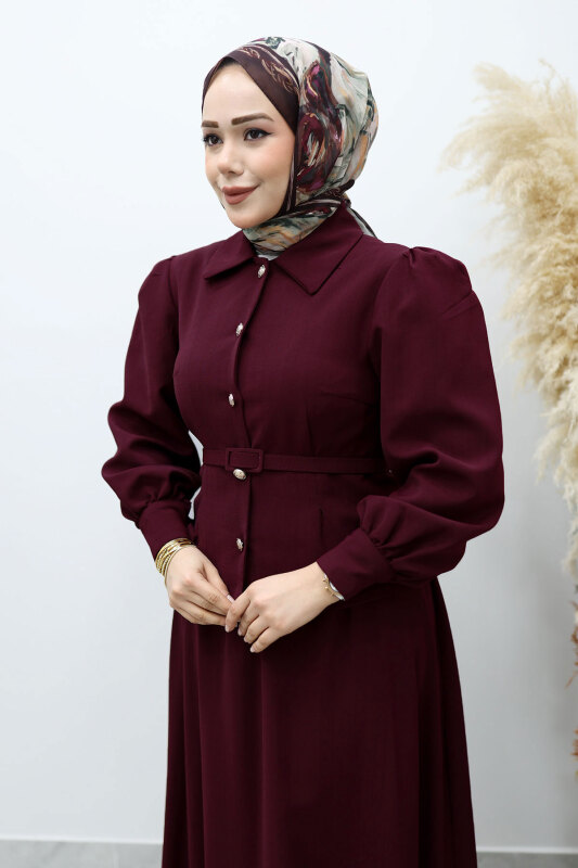 Beli Kemerli Etekli Takım TSD260150 Bordo - Tesettür Dünyası (1)