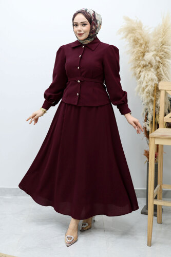 Beli Kemerli Etekli Takım TSD260150 Bordo - Tesettür Dünyası