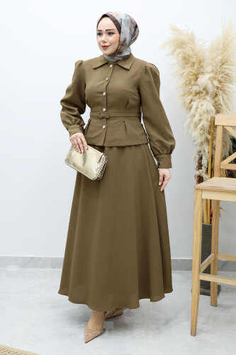 Beli Kemerli Etekli Takım TSD260150 Haki - Tesettür Dünyası