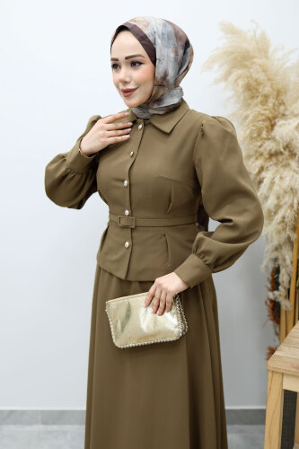 Beli Kemerli Etekli Takım TSD260150 Haki - Tesettür Dünyası (1)