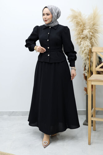 Beli Kemerli Etekli Takım TSD260150 Siyah - Tesettür Dünyası