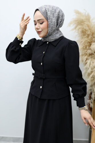 Beli Kemerli Etekli Takım TSD260150 Siyah - Tesettür Dünyası (1)