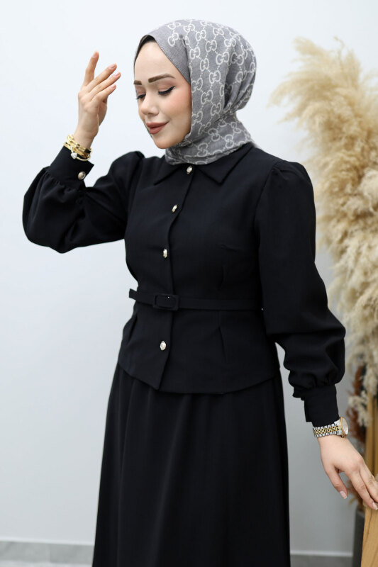 Beli Kemerli Etekli Takım TSD260150 Siyah - Tesettür Dünyası (1)