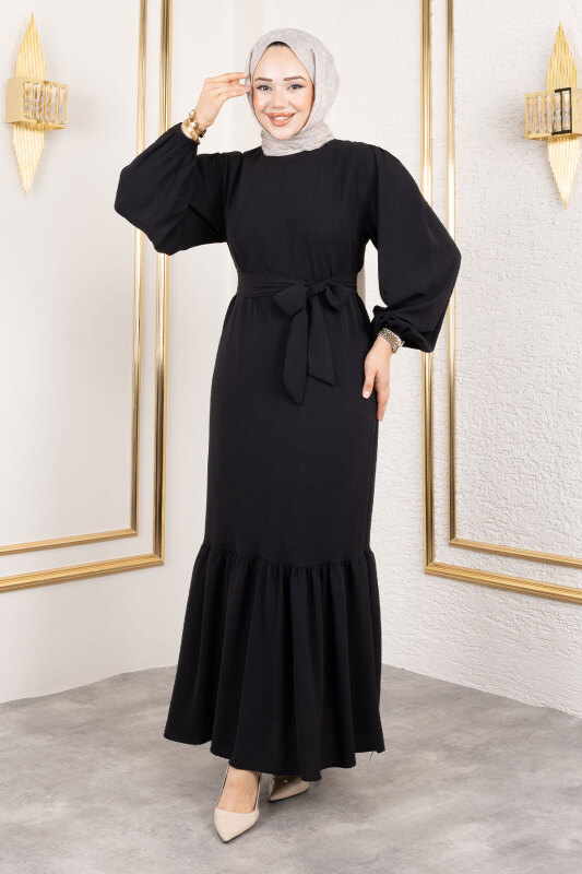 Beli Kuşaklı Ayrobin Elbise TSD250185 Siyah - 1