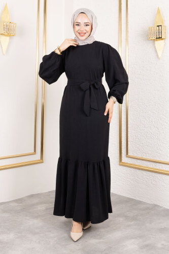 Beli Kuşaklı Ayrobin Elbise TSD250185 Siyah - 4