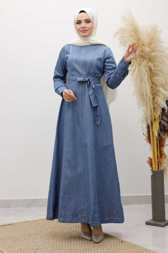 Beli Kuşaklı Dikiş Detaylı Kot Elbise TSD260127 Açık Mavi 