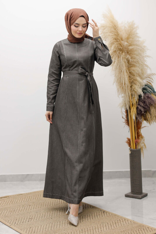 Beli Kuşaklı Dikiş Detaylı Kot Elbise TSD260127 Antrasit - Tesettür Dünyası