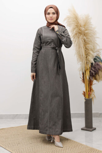 Beli Kuşaklı Dikiş Detaylı Kot Elbise TSD260127 Antrasit - 3