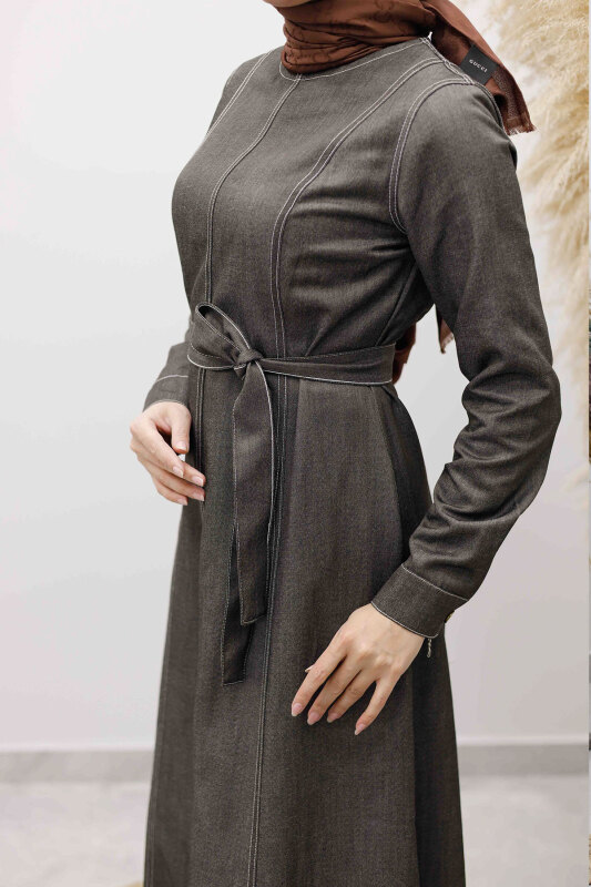 Beli Kuşaklı Dikiş Detaylı Kot Elbise TSD260127 Antrasit - 4