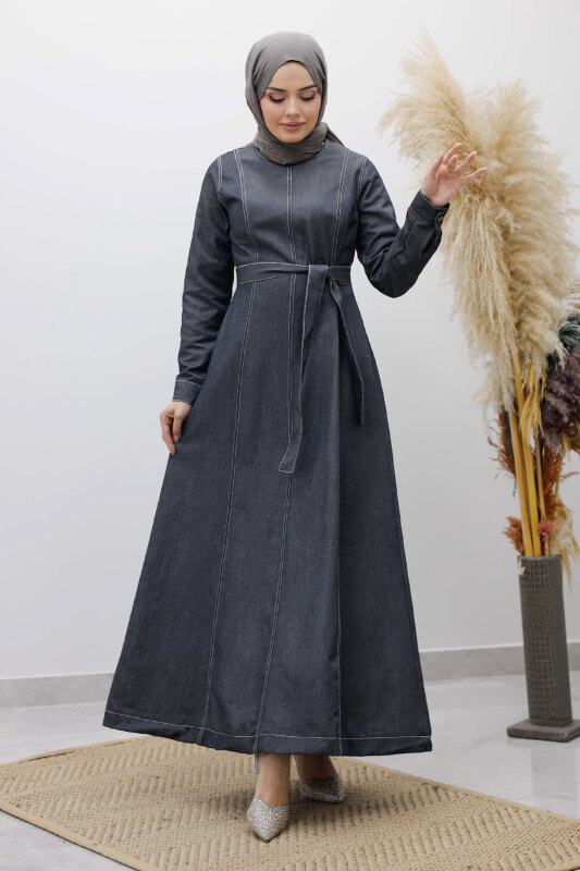 Beli Kuşaklı Dikiş Detaylı Kot Elbise TSD260127 Koyu Mavi - Tesettür Dünyası