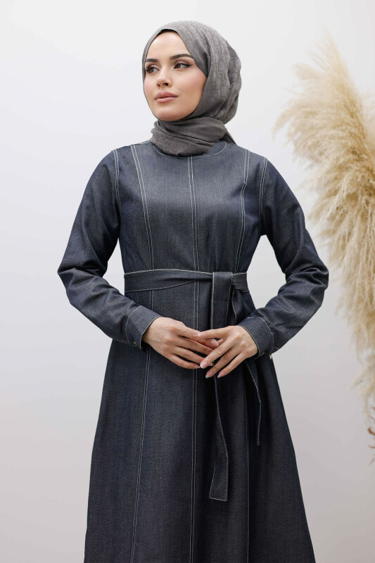 Beli Kuşaklı Dikiş Detaylı Kot Elbise TSD260127 Koyu Mavi - Tesettür Dünyası (1)