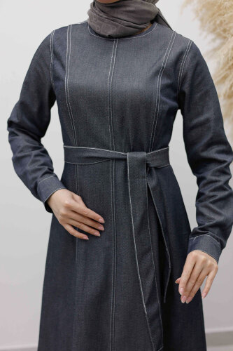 Beli Kuşaklı Dikiş Detaylı Kot Elbise TSD260127 Koyu Mavi - 4