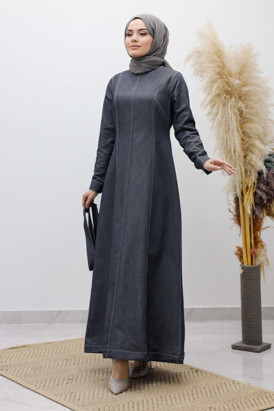 Beli Kuşaklı Dikiş Detaylı Kot Elbise TSD260127 Koyu Mavi - 5