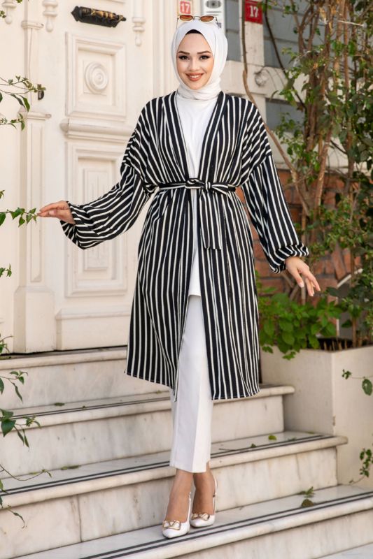 Beli Kuşaklı Düşük Kol Çizgili Kimono TSD240515 Siyah - 1